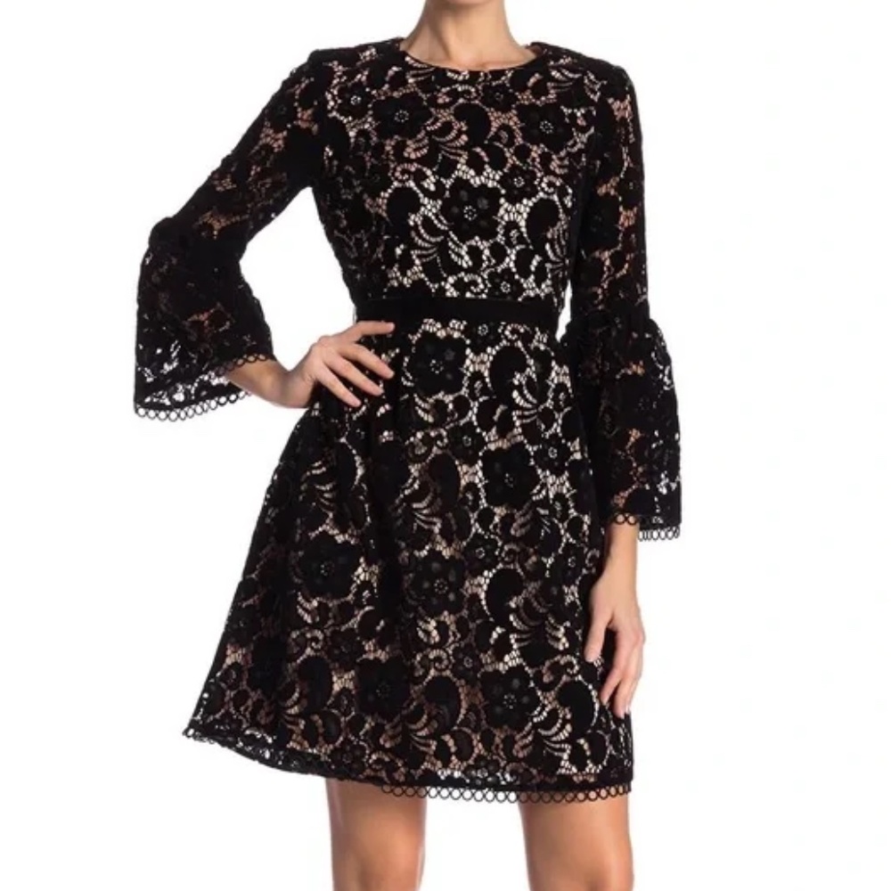 Eliza J Black Lace Overlay Bell Sleeve Fit & Flare Dress Size 2